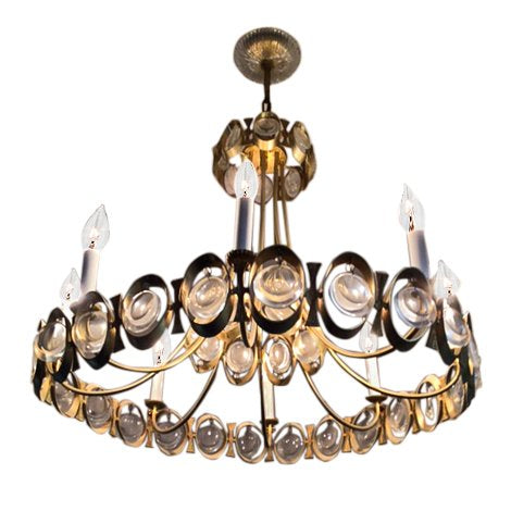 Midcentury Italian Crystal & Brass Chandelier by Gaetano Sciolari, C 1960