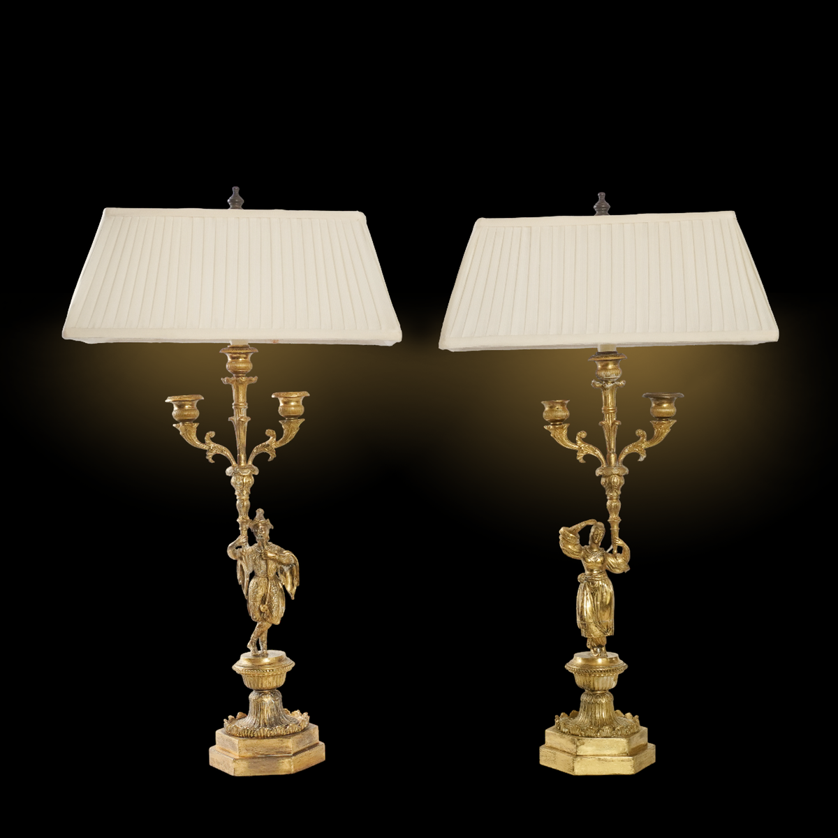 Antique French Empire Gilt and Patinated Bronze Candelabra Table Lamps, Pair of