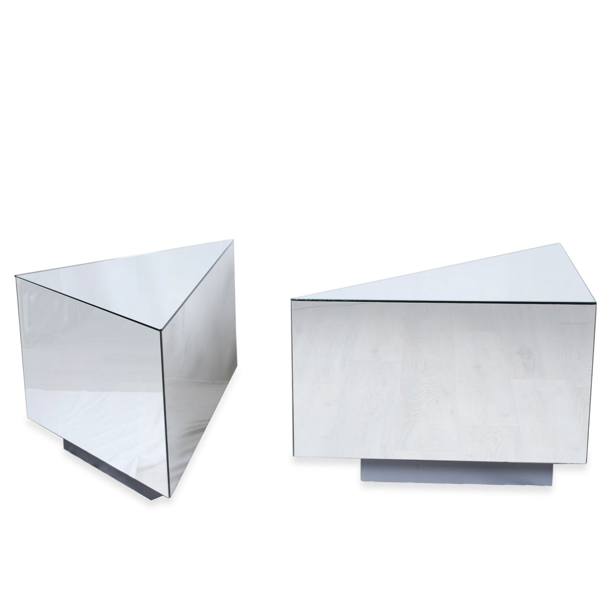 Custom NYC Triangle Mirrored Side Tables, Pair of