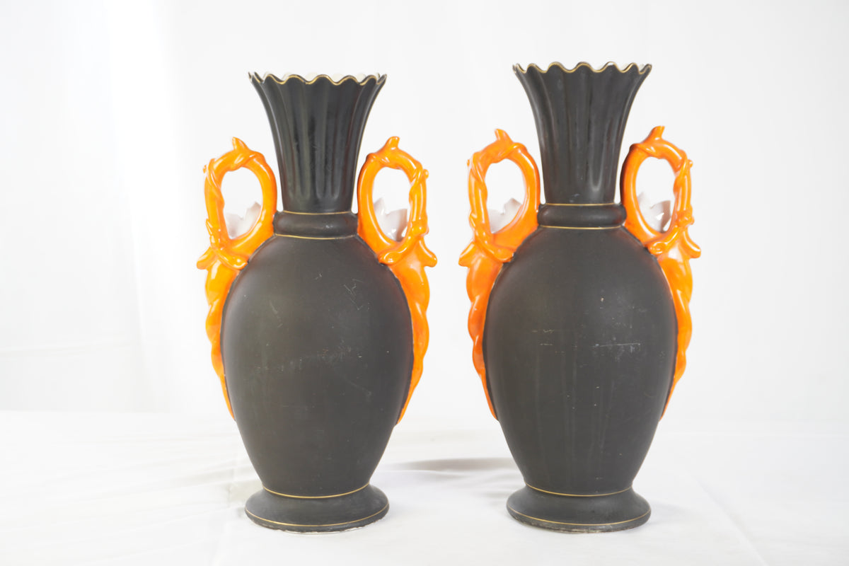 Vintage Continental Hand Painted Majolica Vases, Pair of