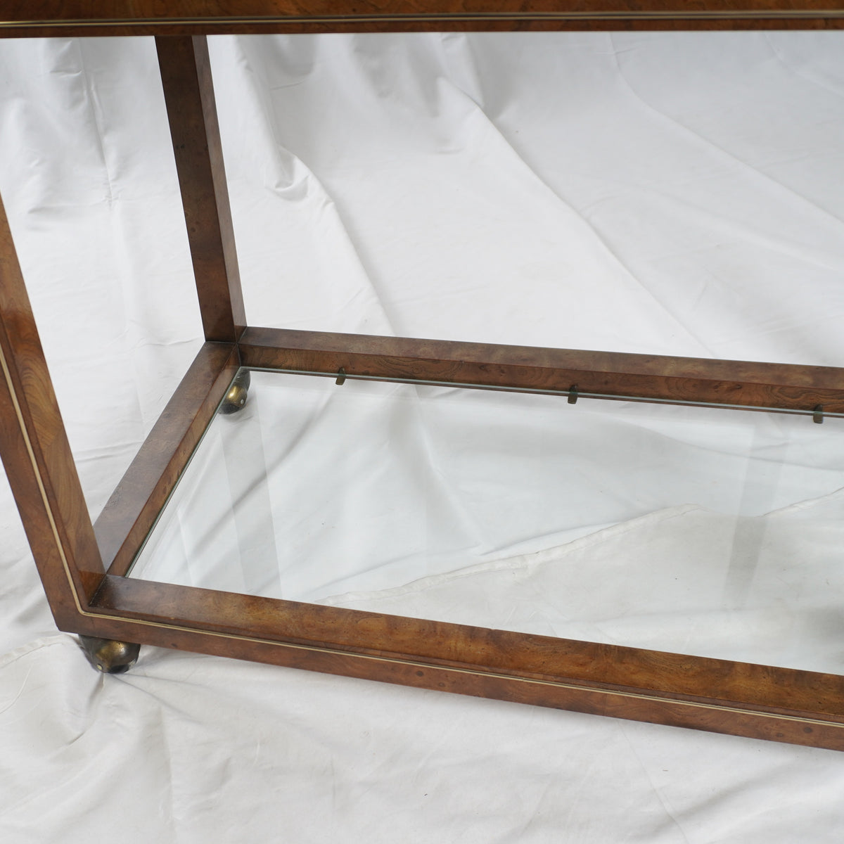 Mastercraft Drop Leaf Burl Wood Rolling Serving Cart Bar with Textured Brass Top