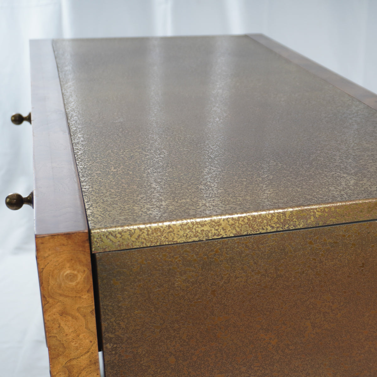 Mastercraft Drop Leaf Burl Wood Rolling Serving Cart Bar with Textured Brass Top