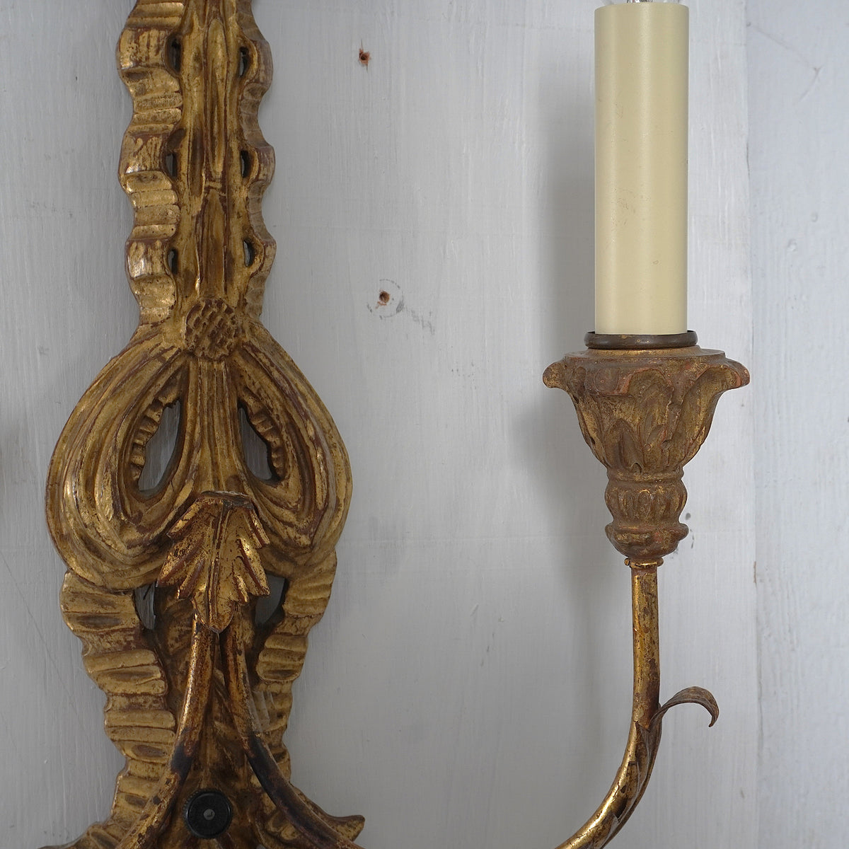 Vintage Italian Carved Gilt Wood & Metal Wall Sconces