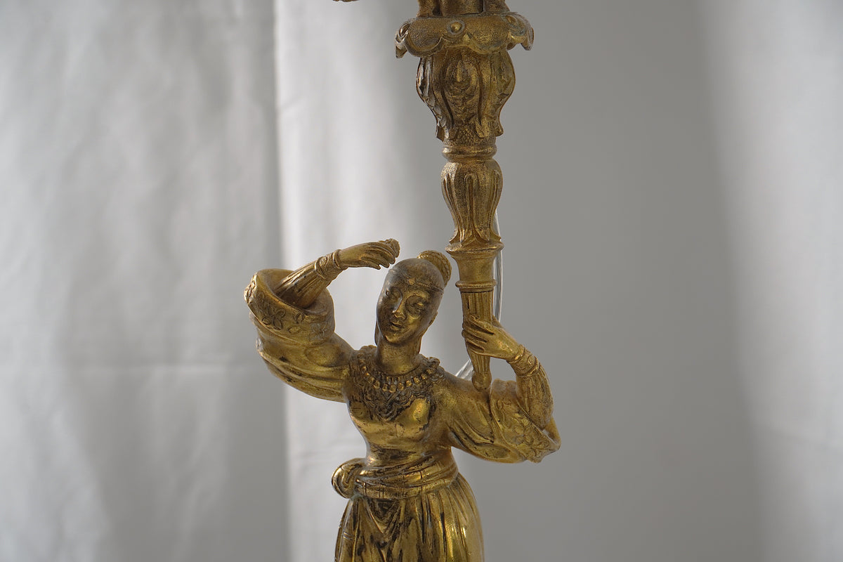 Antique French Empire Gilt and Patinated Bronze Candelabra Table Lamps, Pair of