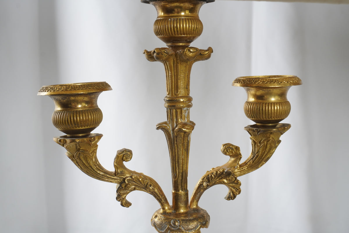 Antique French Empire Gilt and Patinated Bronze Candelabra Table Lamps, Pair of