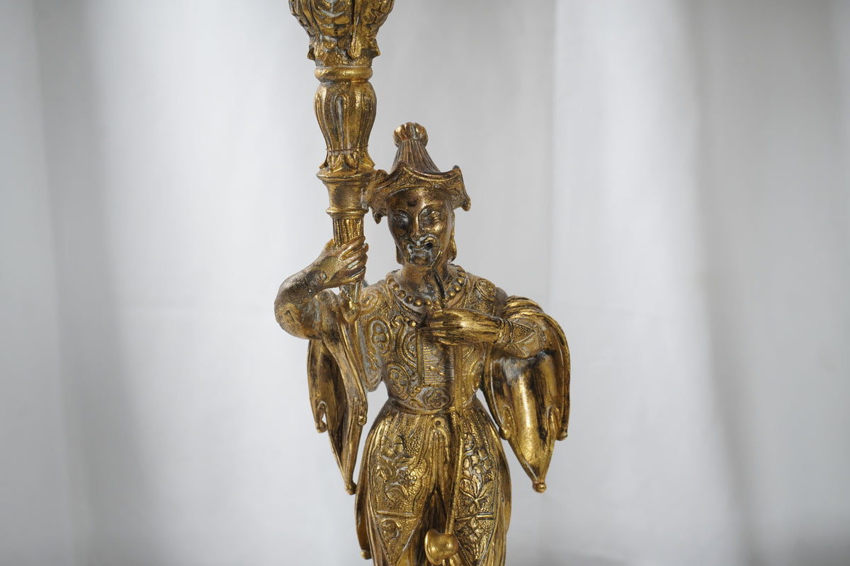Antique French Empire Gilt and Patinated Bronze Candelabra Table Lamps, Pair of
