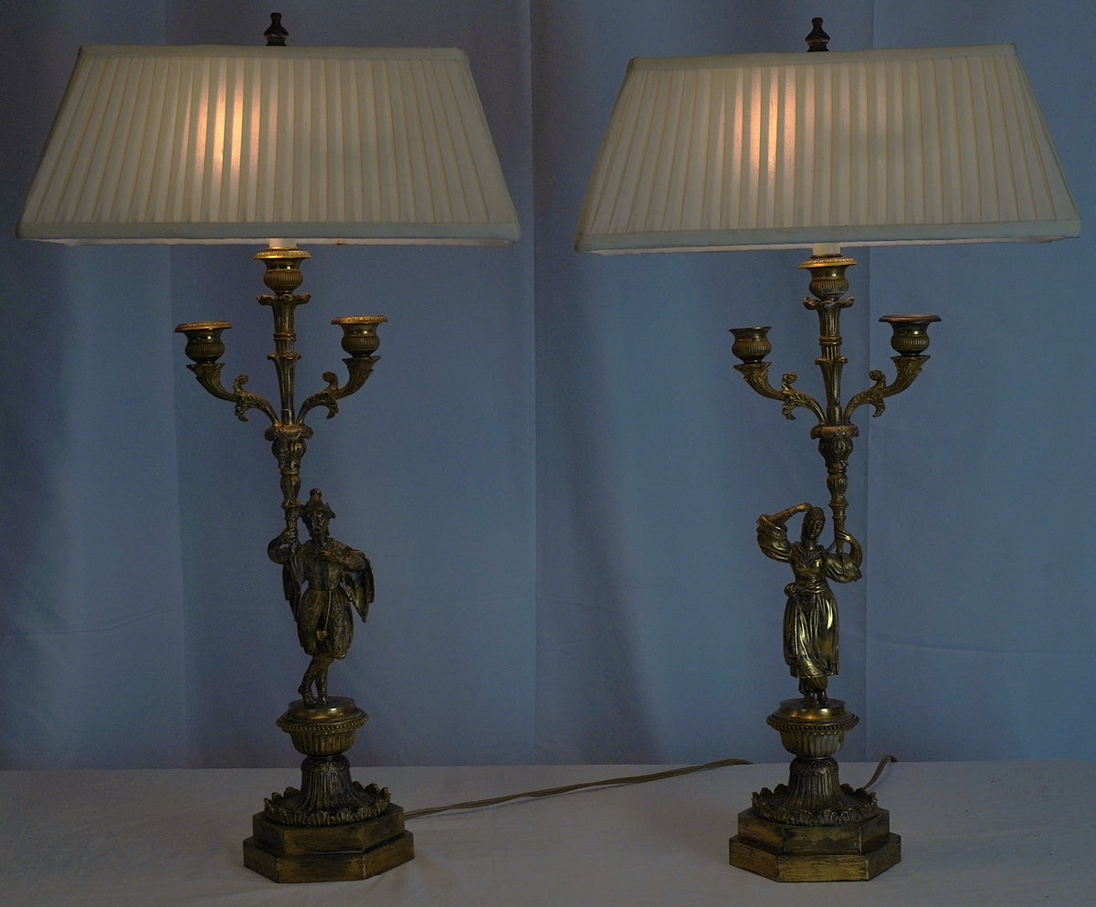 Antique French Empire Gilt and Patinated Bronze Candelabra Table Lamps, Pair of