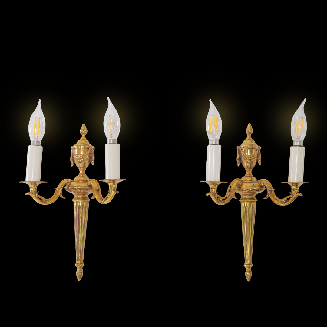 Luminaire d'Art French Empire Louis XVI Style Double Arm Cast Brass Sconces, Pair of