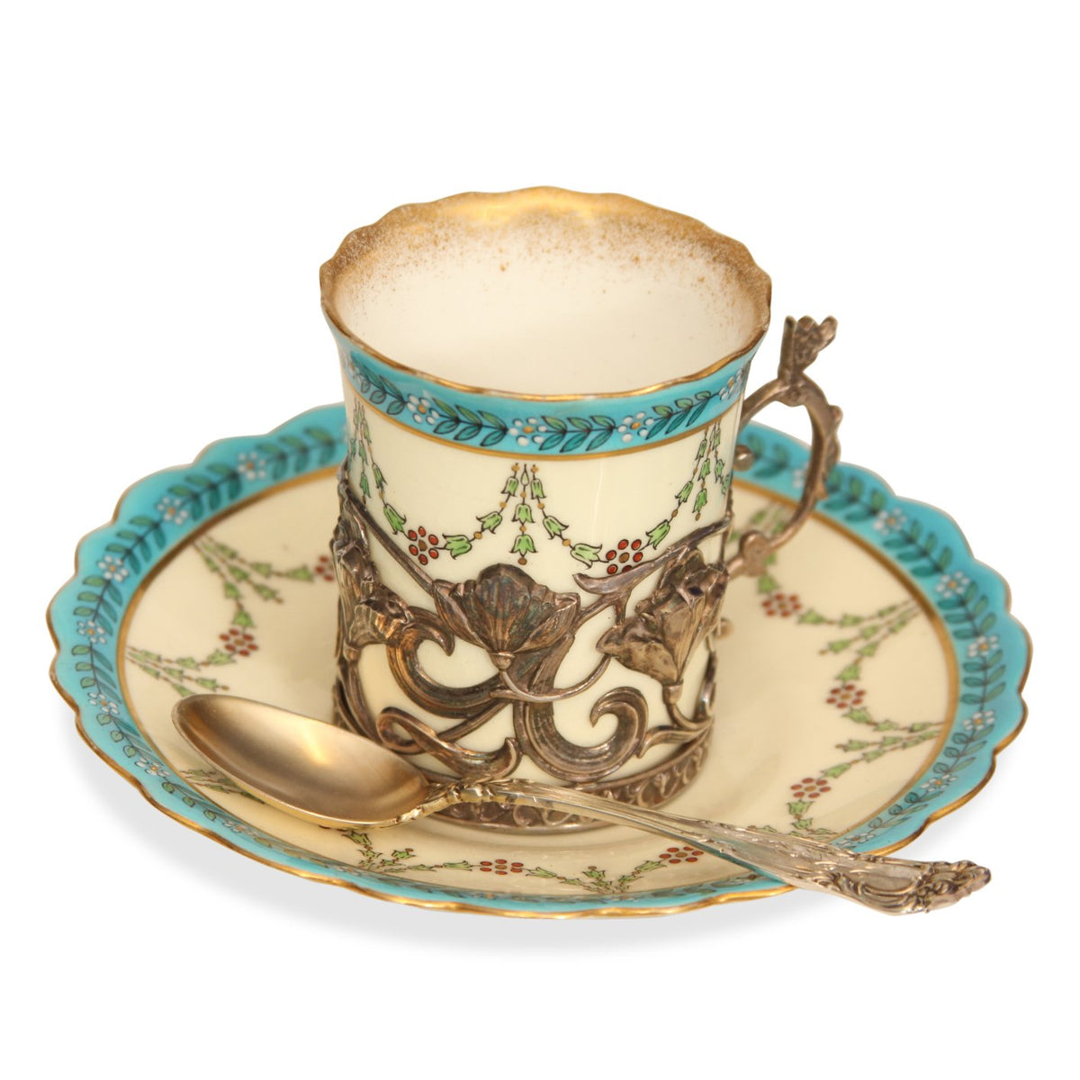 Set of 5 Royal Worcester Silver Porcelain Demitasse Cups and Saucers