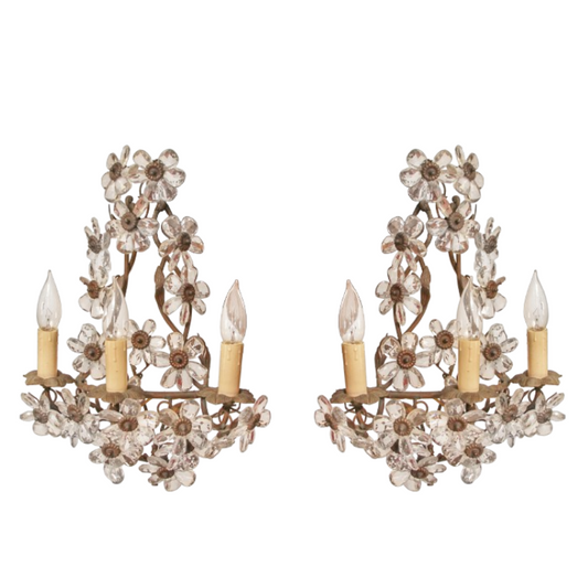 Pair of Antique Maison Baguès Wrought Iron with  Crystal Flower Sconces C1920s