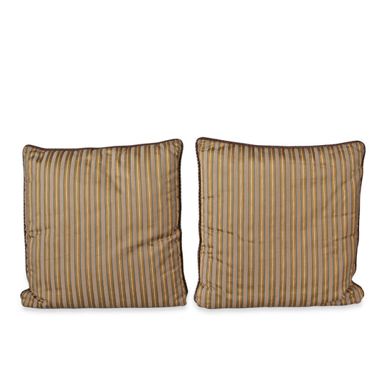 Pair of Striped Pillows with Leather Piping