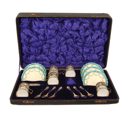 Set of 5 Royal Worcester Silver Porcelain Demitasse Cups and Saucers