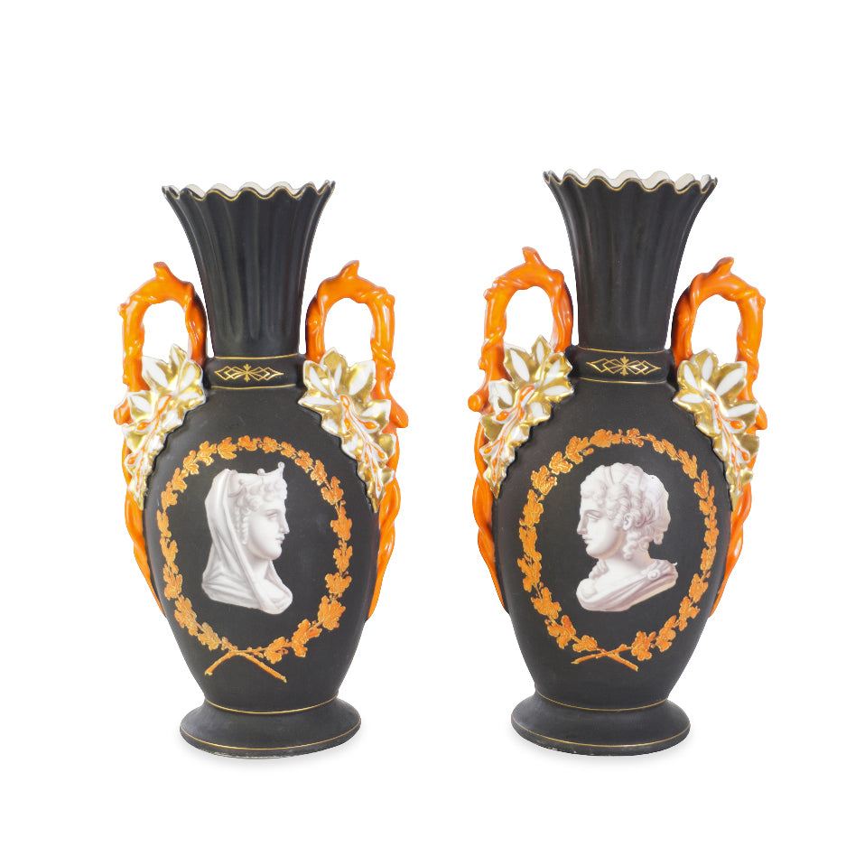 Vintage Continental Hand Painted Majolica Vases, Pair of