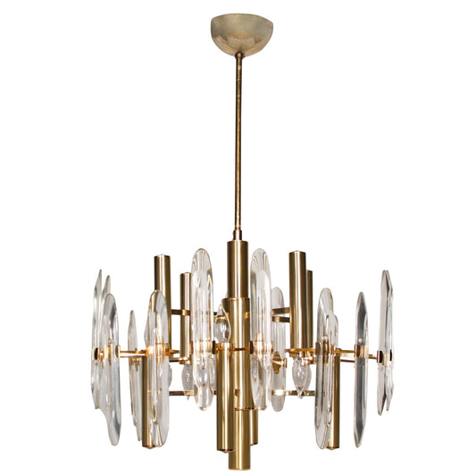 Vintage Gaetano Sciolari Brass & Crystal Glass Chandelier, C1970s