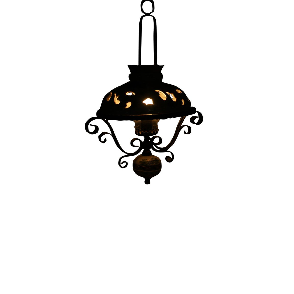Vintage Italian Wrought Iron & Ceramic Pottery Pendant Light