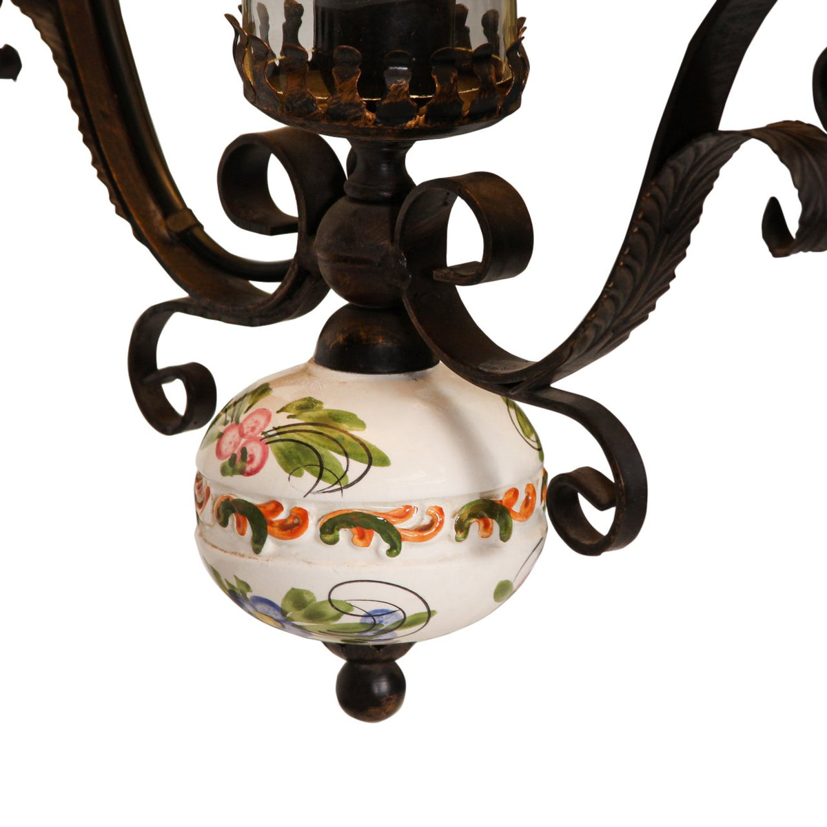 Vintage Italian Wrought Iron & Ceramic Pottery Pendant Light