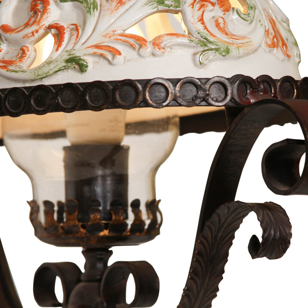 Vintage Italian Wrought Iron & Ceramic Pottery Pendant Light