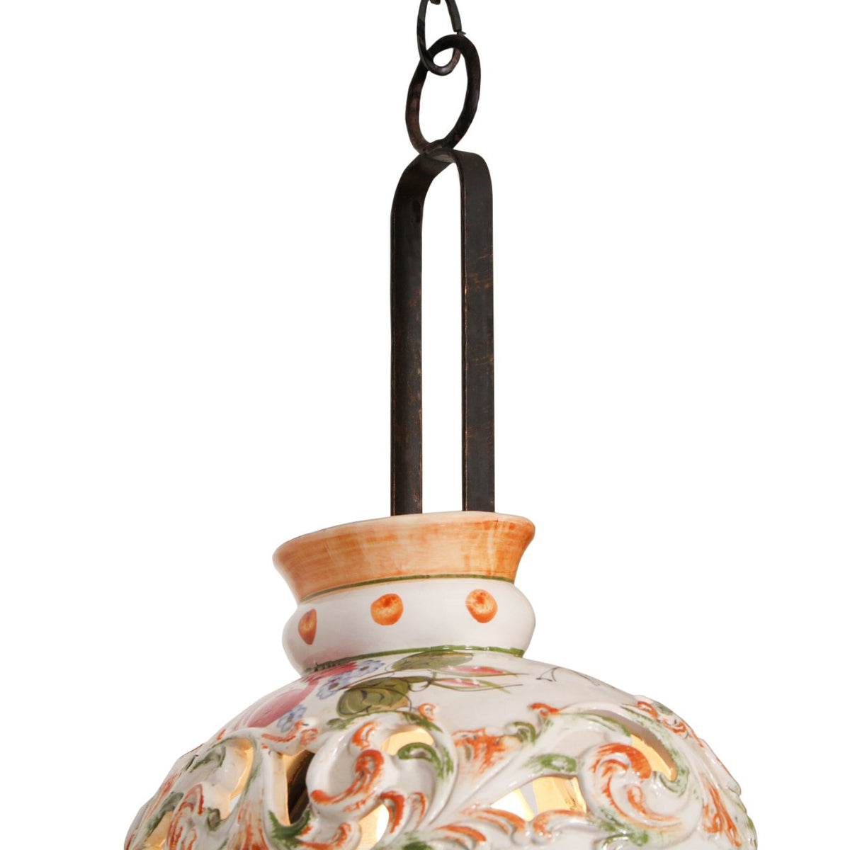 Vintage Italian Wrought Iron & Ceramic Pottery Pendant Light