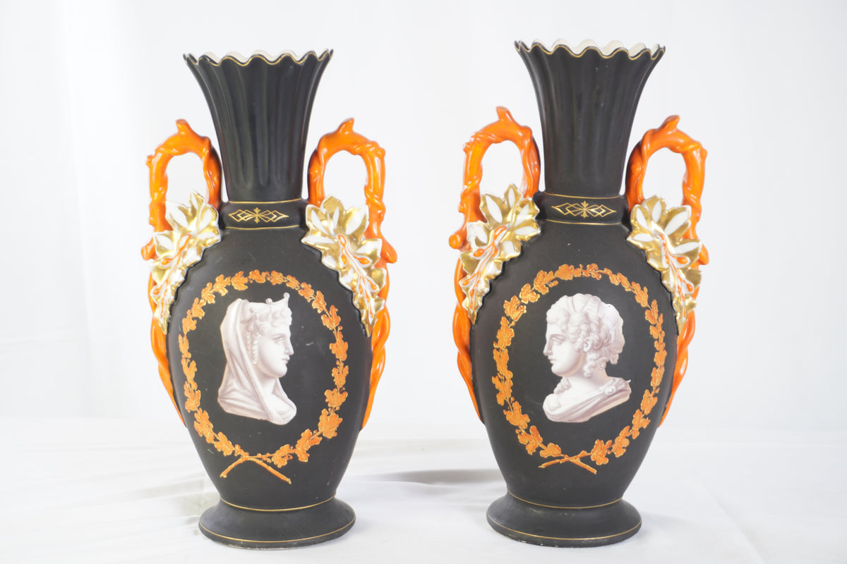 Vintage Continental Hand Painted Majolica Vases, Pair of