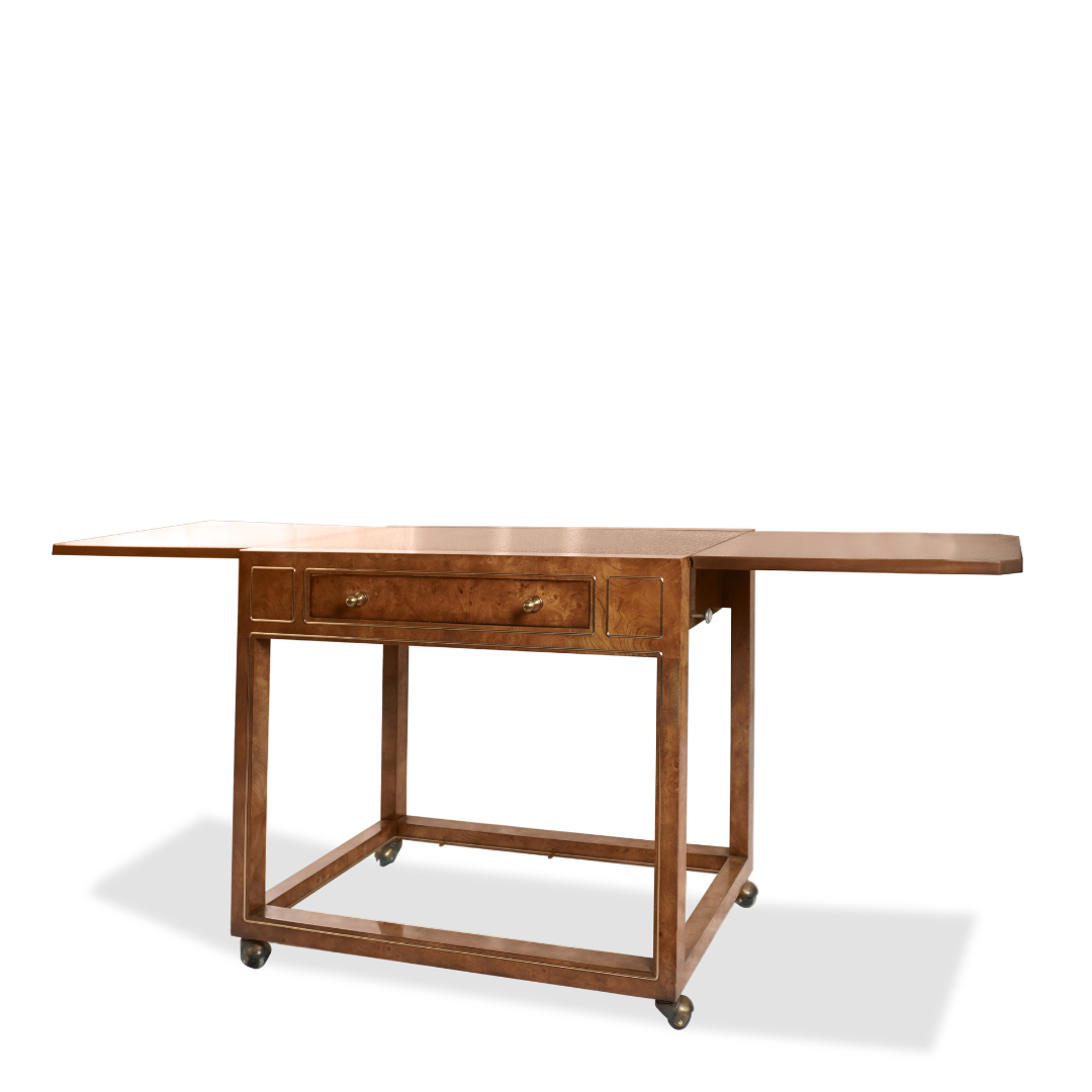 Mastercraft Drop Leaf Burl Wood Rolling Serving Cart Bar with Textured Brass Top
