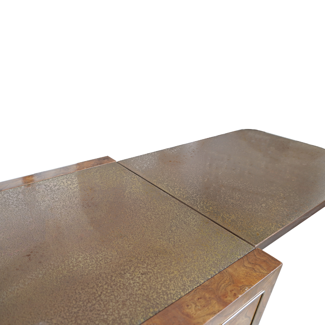 Mastercraft Drop Leaf Burl Wood Rolling Serving Cart Bar with Textured Brass Top