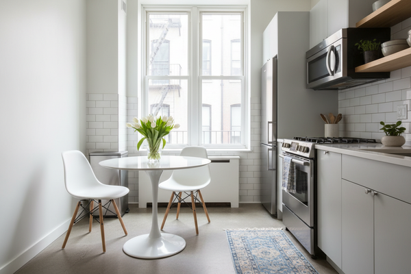 A white round tulip table in a small NYC kitchen.