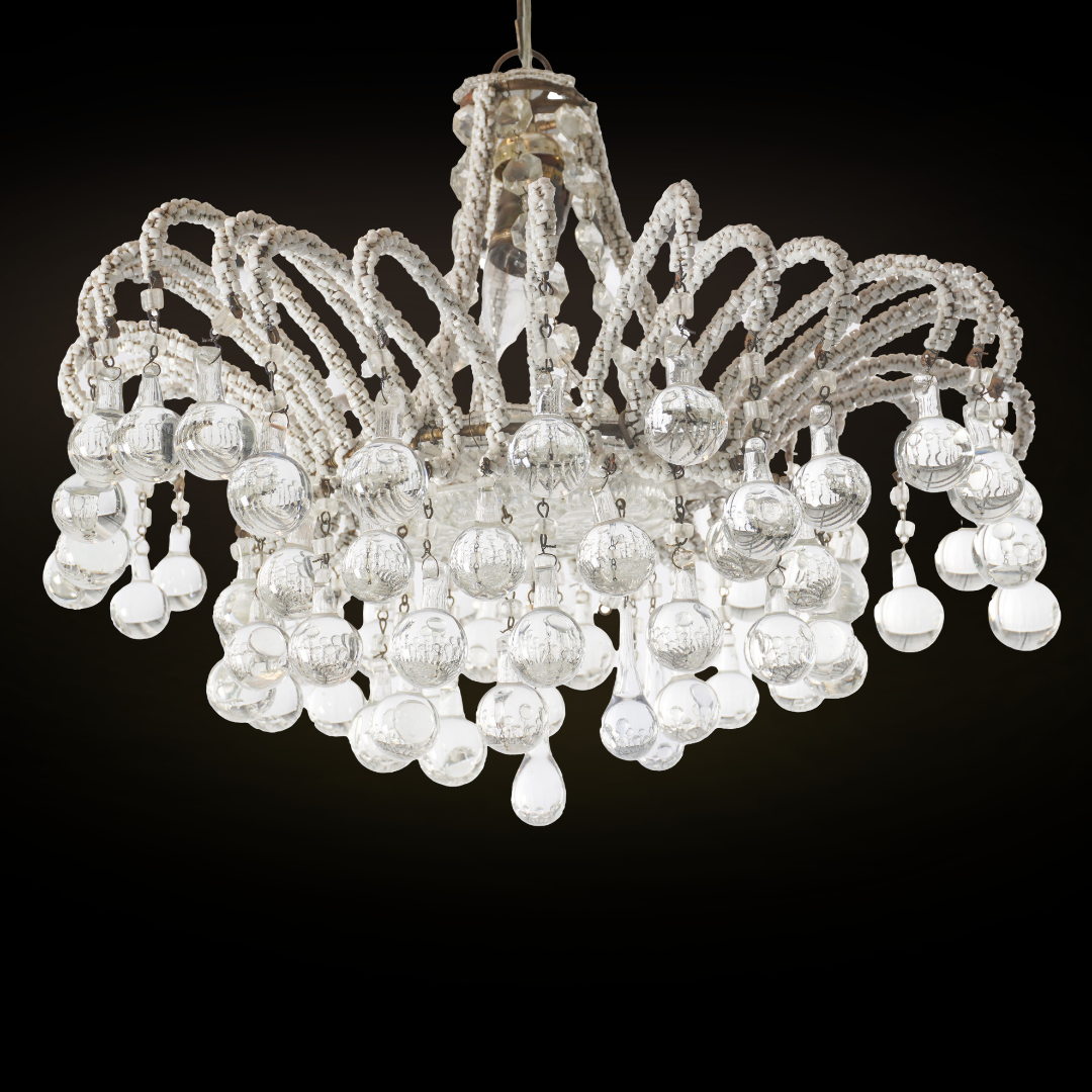 Antique Italian Micro Beaded and Glass Drops Chandelier, Circa 1920s