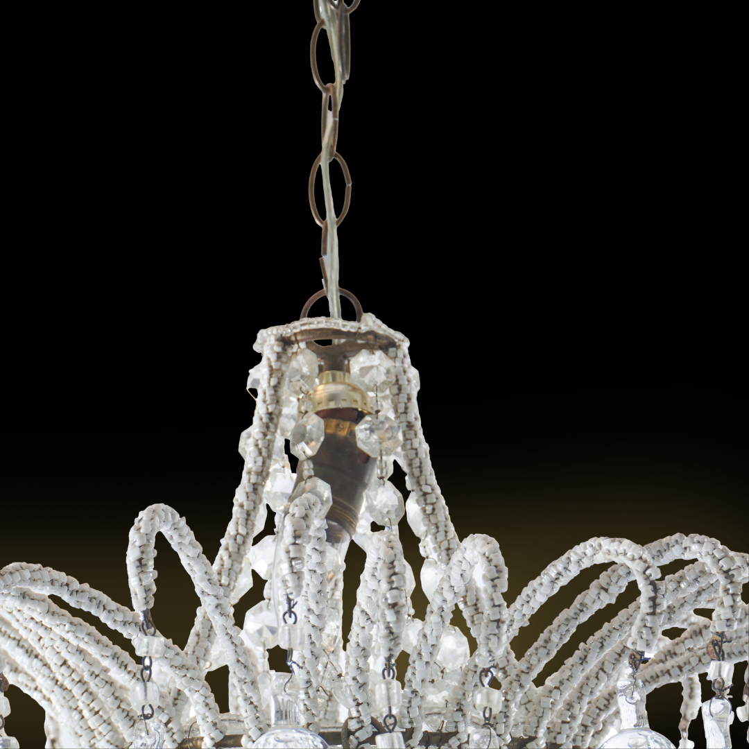 Antique Italian Micro Beaded and Glass Drops Chandelier, Circa 1920s