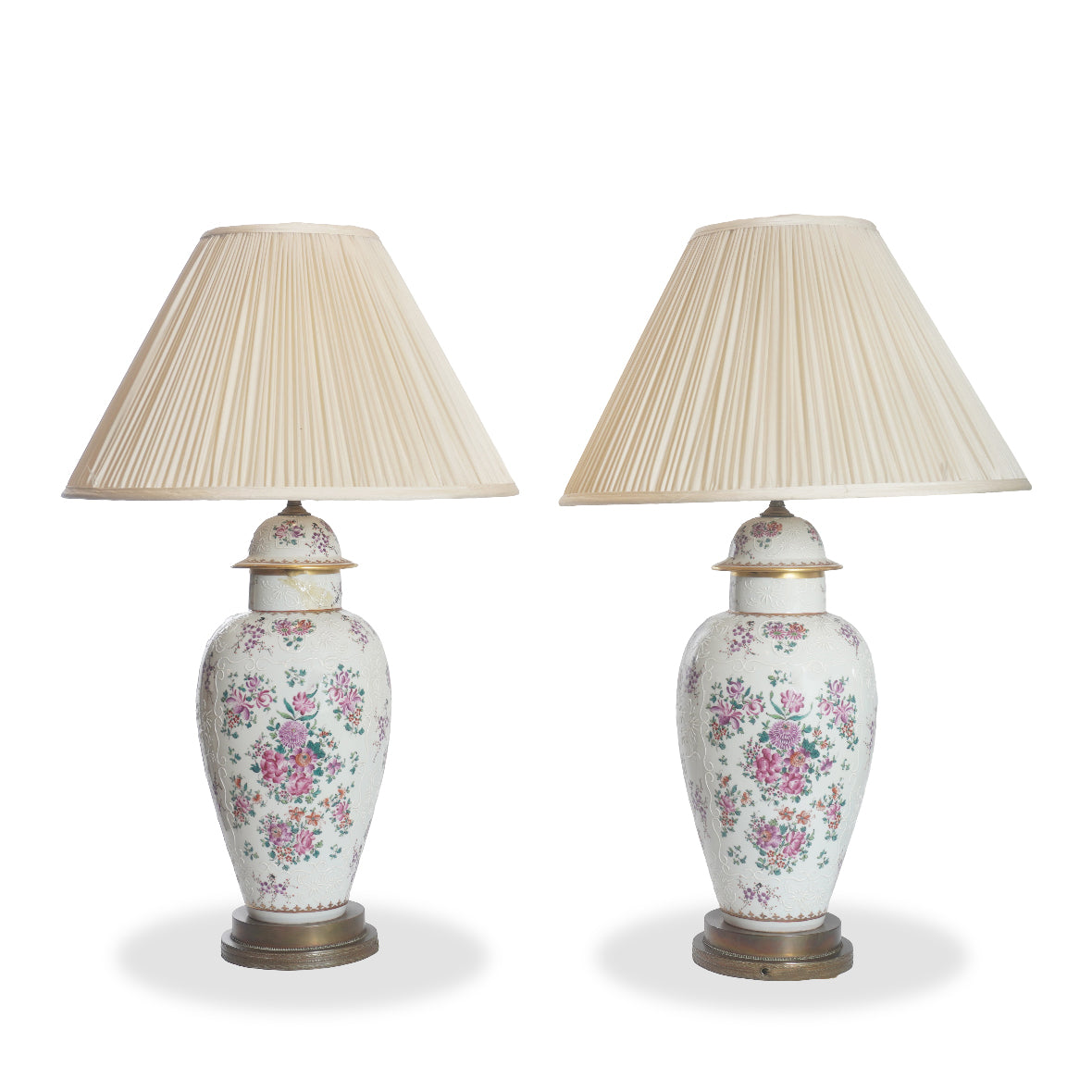 Antique French Edme Samson Armorial Pot w Lid Lamps, Pair of