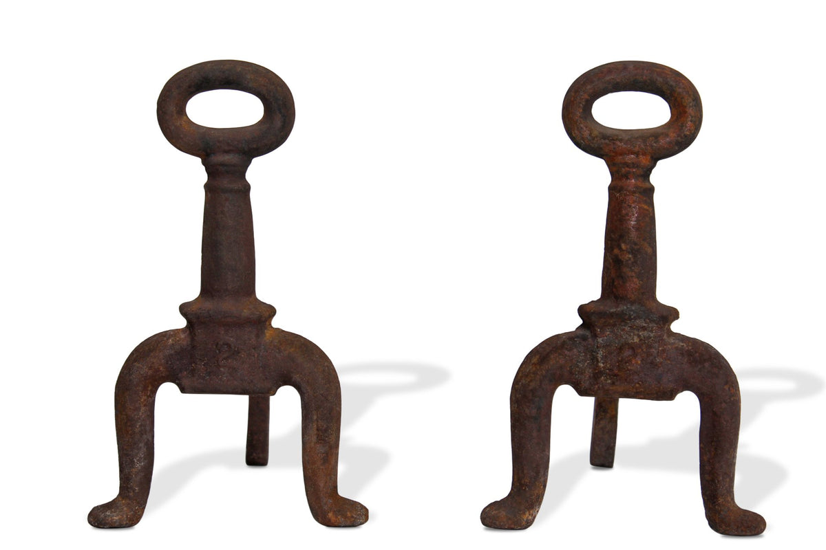 Antique Blackened Cast Iron Andirons and Fireplace Tool Set