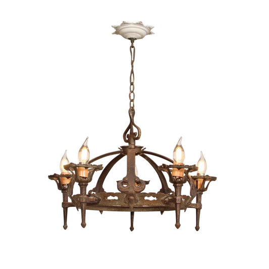 Antique French Hand-Forged Wrought Iron 5 Light Arms Chandelier C1920s