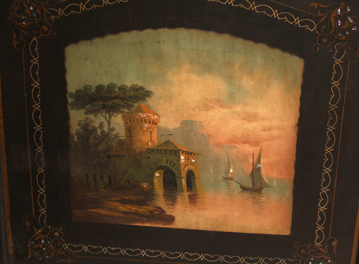Antique French King Size Bed Napoleon III Hand Painted Tole Iron Epoque Mother of Pearl