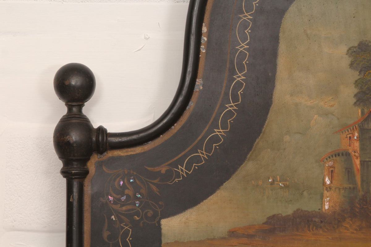 Antique French King Size Bed Napoleon III Hand Painted Tole Iron Epoque Mother of Pearl