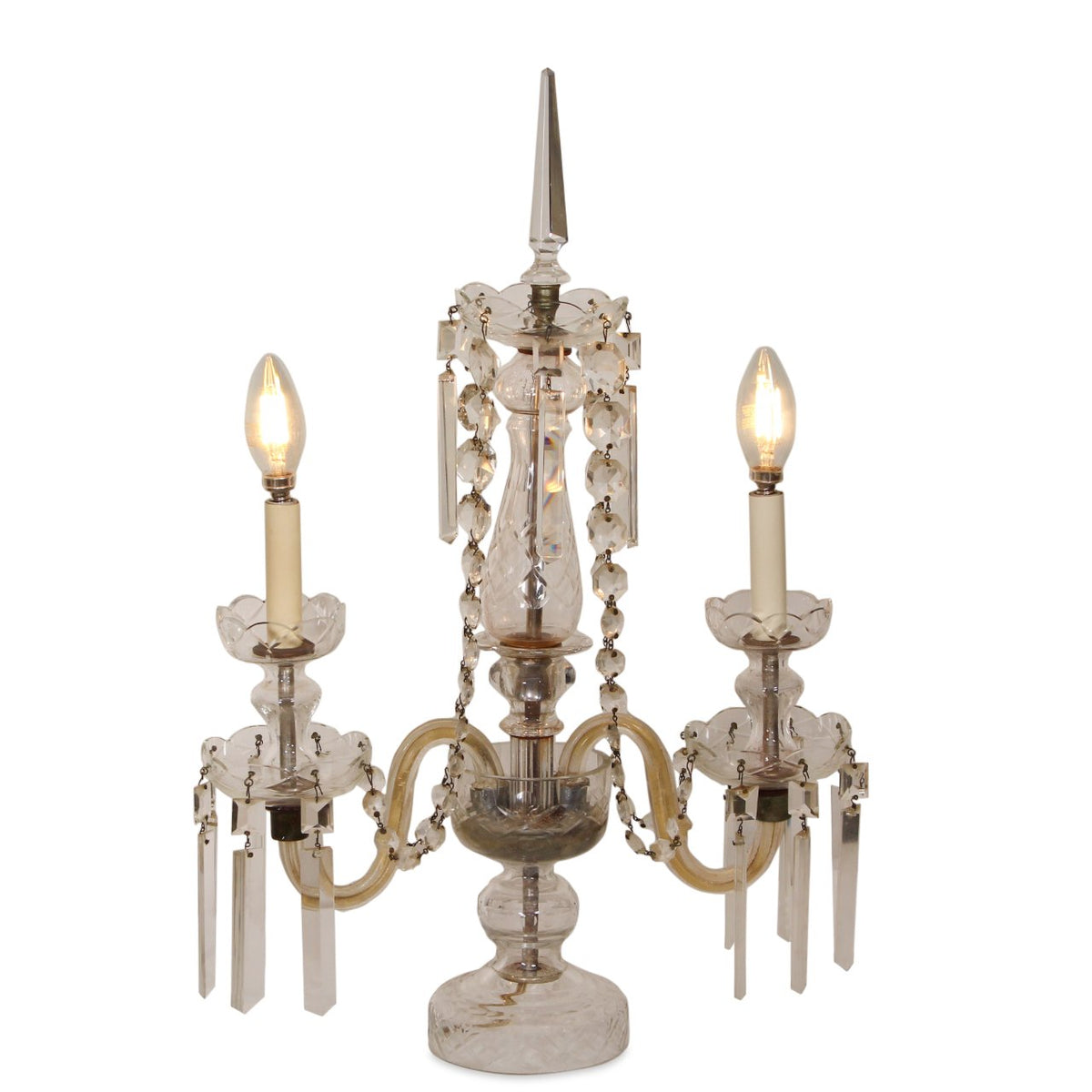 Antique French Lalique Style Crystal and Glass Girandole Lamps