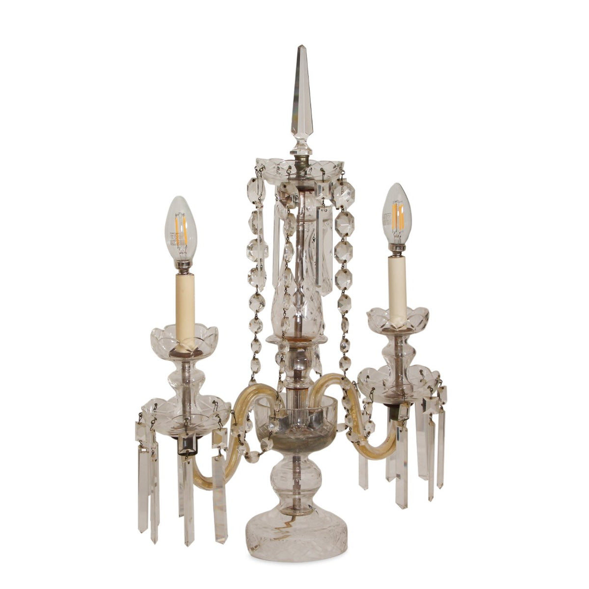 Antique French Lalique Style Crystal and Glass Girandole Lamps