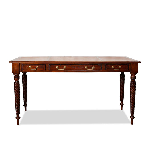 Antique French Writing Desk with Handcarved Spindle Legs and Leather Top