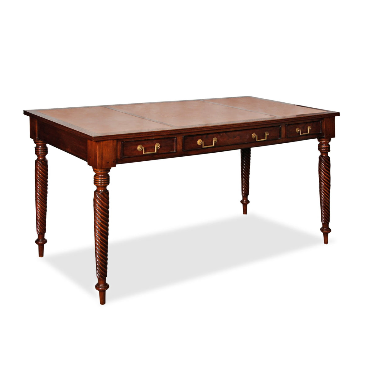 Antique French Writing Desk with Handcarved Spindle Legs and Leather Top