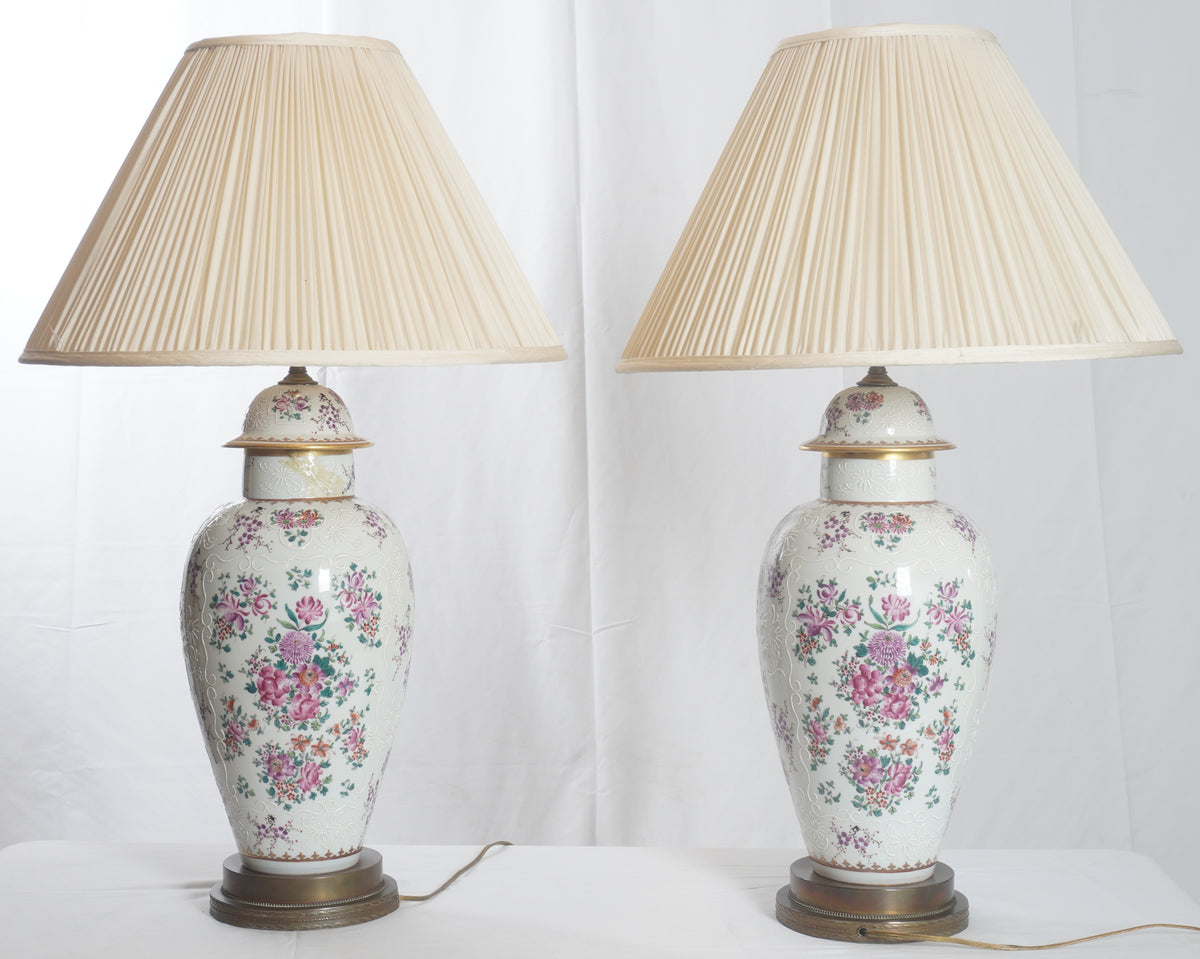 Antique French Edme Samson Armorial Pot w Lid Lamps, Pair of