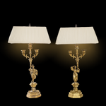 Antique French Empire Gilt and Patinated Bronze Candelabra Table Lamps, Pair of