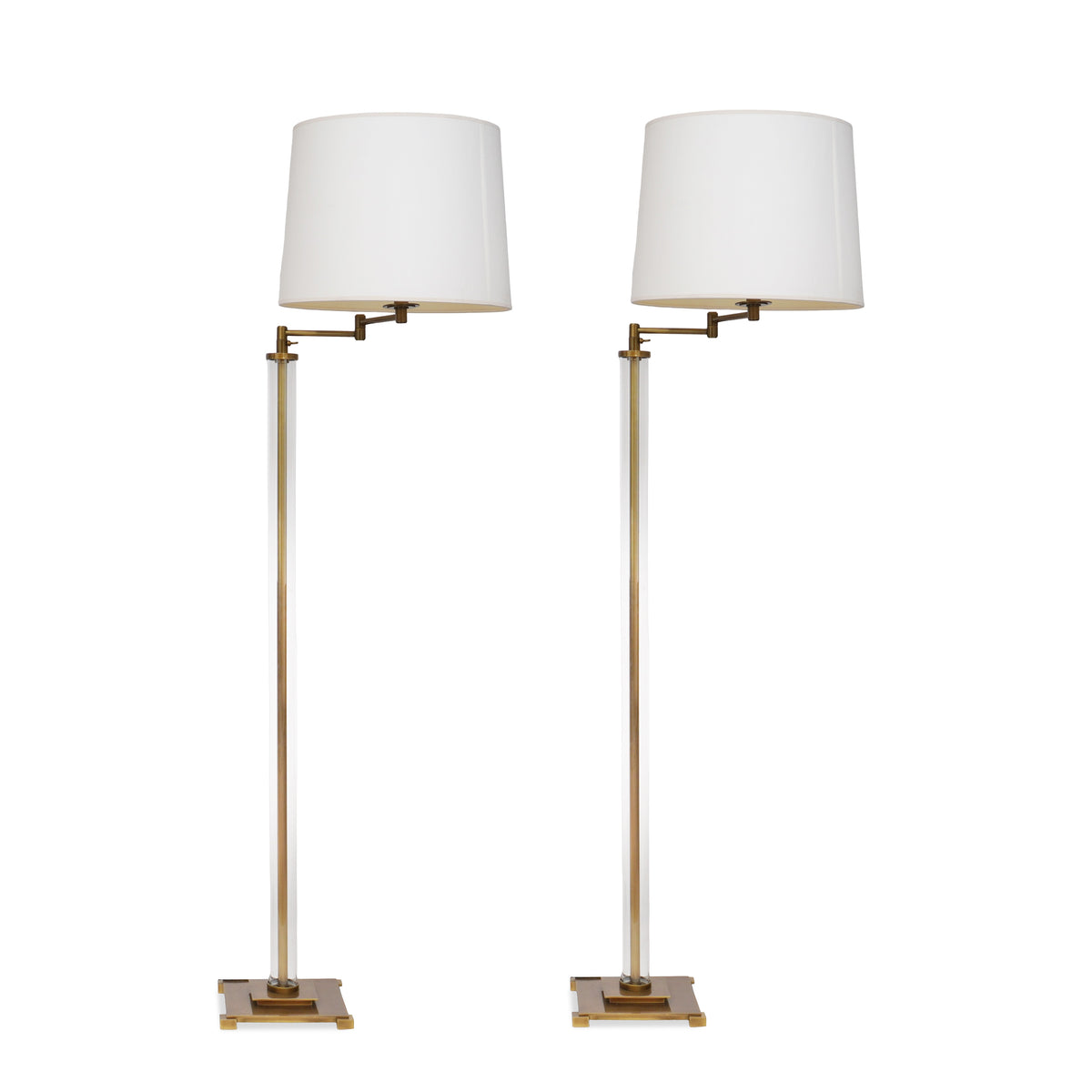 Modern Glass and Brass Adjustable Floor Lamps, Pair of