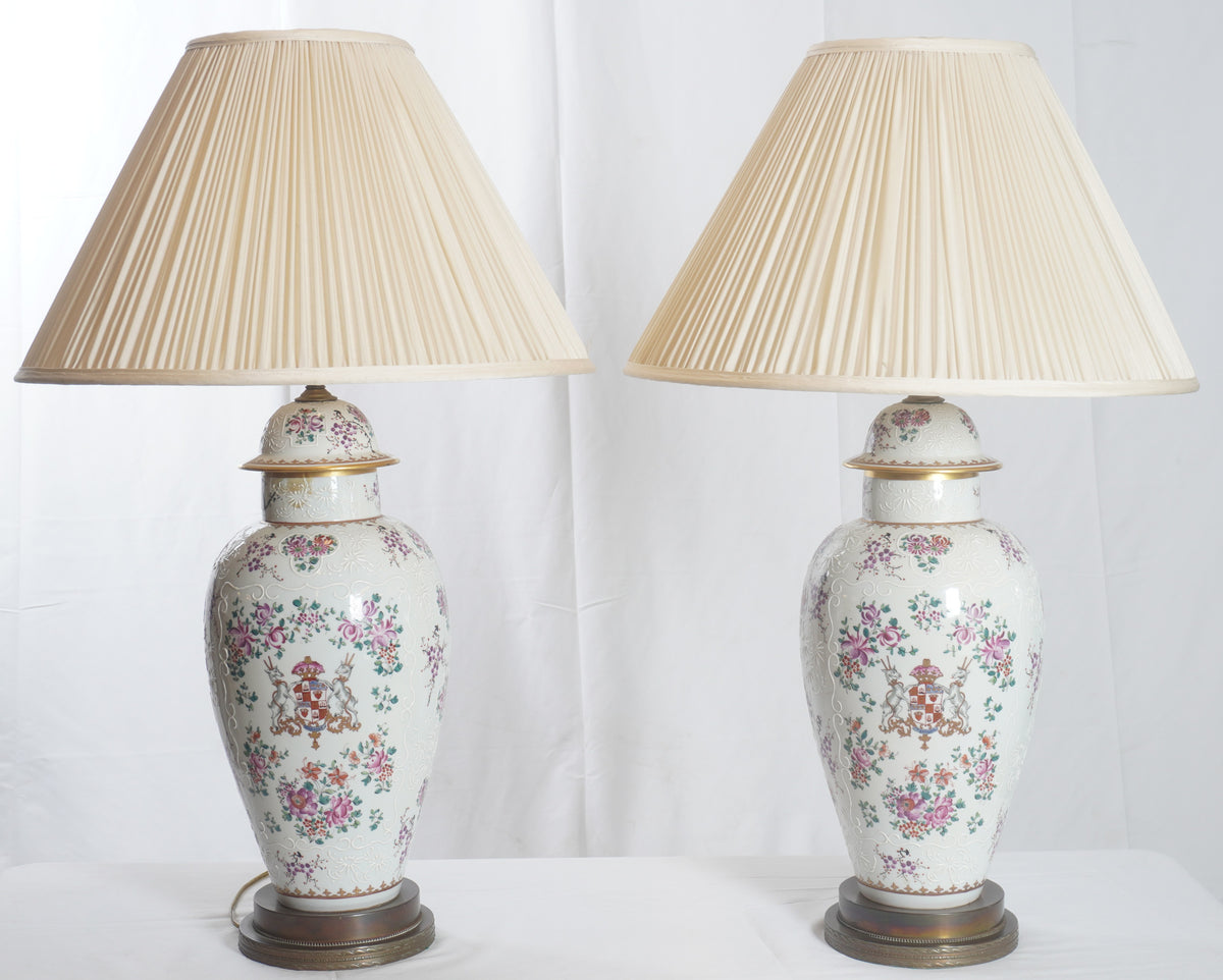 Antique French Edme Samson Armorial Pot w Lid Lamps, Pair of