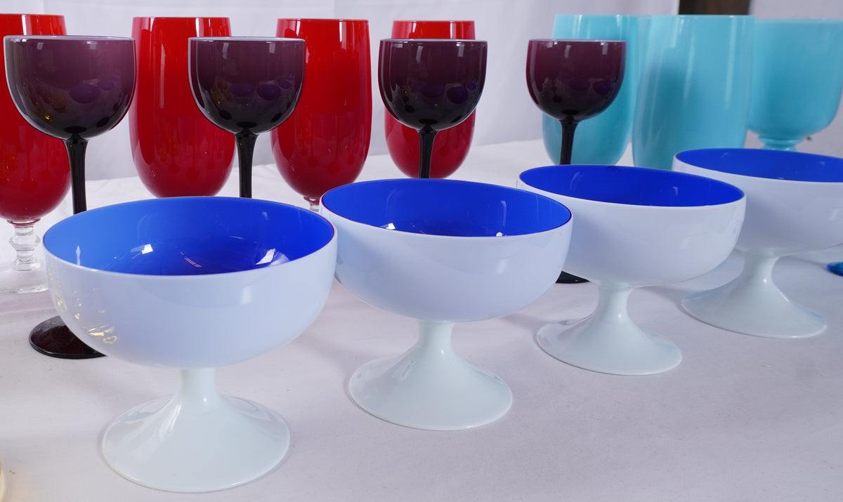 Vintage Italian Carlo Moretti MCM SHERBET CHAMPAGNE GLASSES, Moser Whisky Crystal Barware & Murano Glass Goblets Portieux Vallerysthal Style, Set of 44pcs