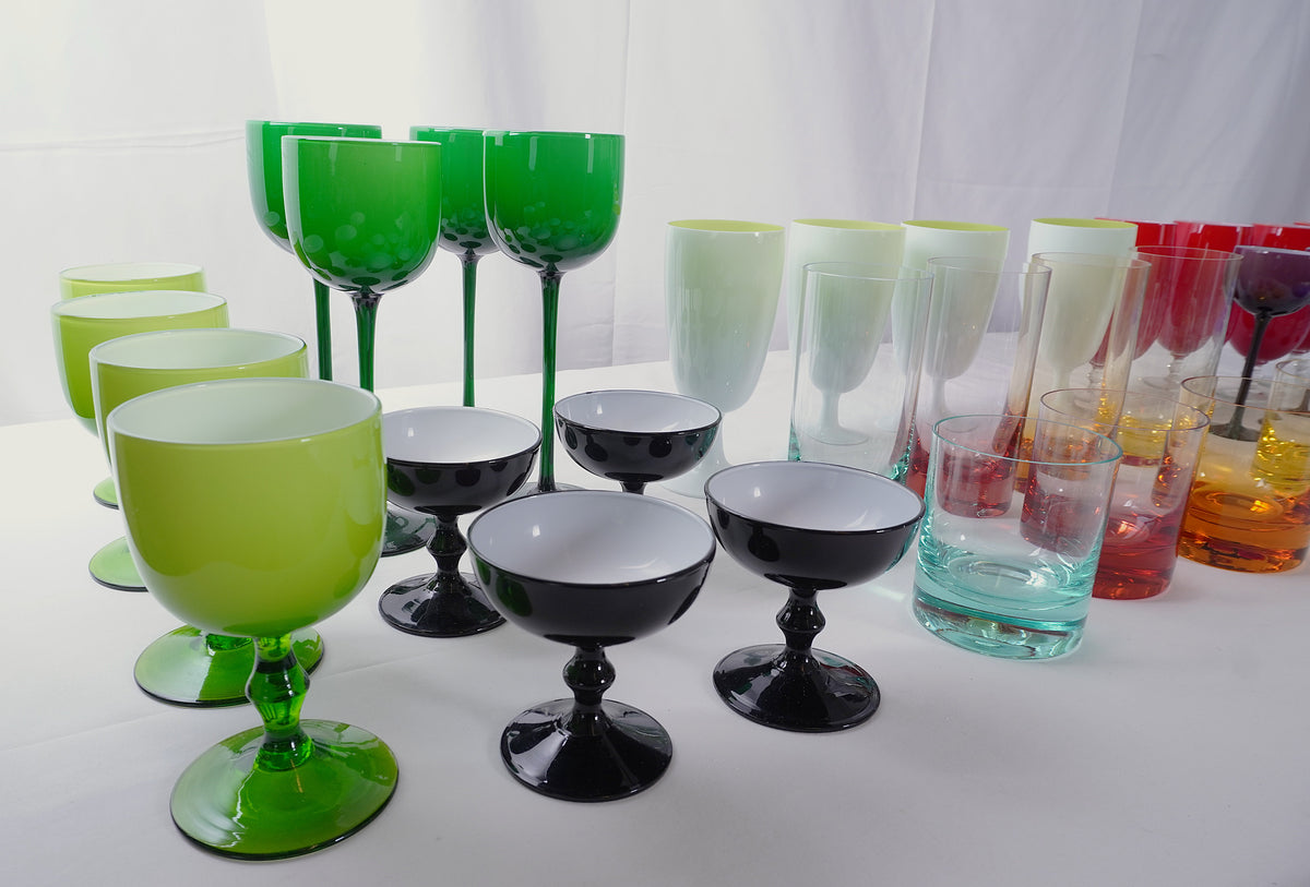 Vintage Italian Carlo Moretti MCM SHERBET CHAMPAGNE GLASSES, Moser Whisky Crystal Barware & Murano Glass Goblets Portieux Vallerysthal Style, Set of 44pcs