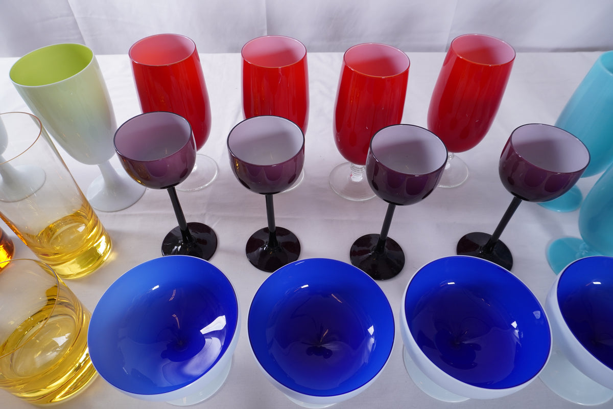 Vintage Italian Carlo Moretti MCM SHERBET CHAMPAGNE GLASSES, Moser Whisky Crystal Barware & Murano Glass Goblets Portieux Vallerysthal Style, Set of 44pcs