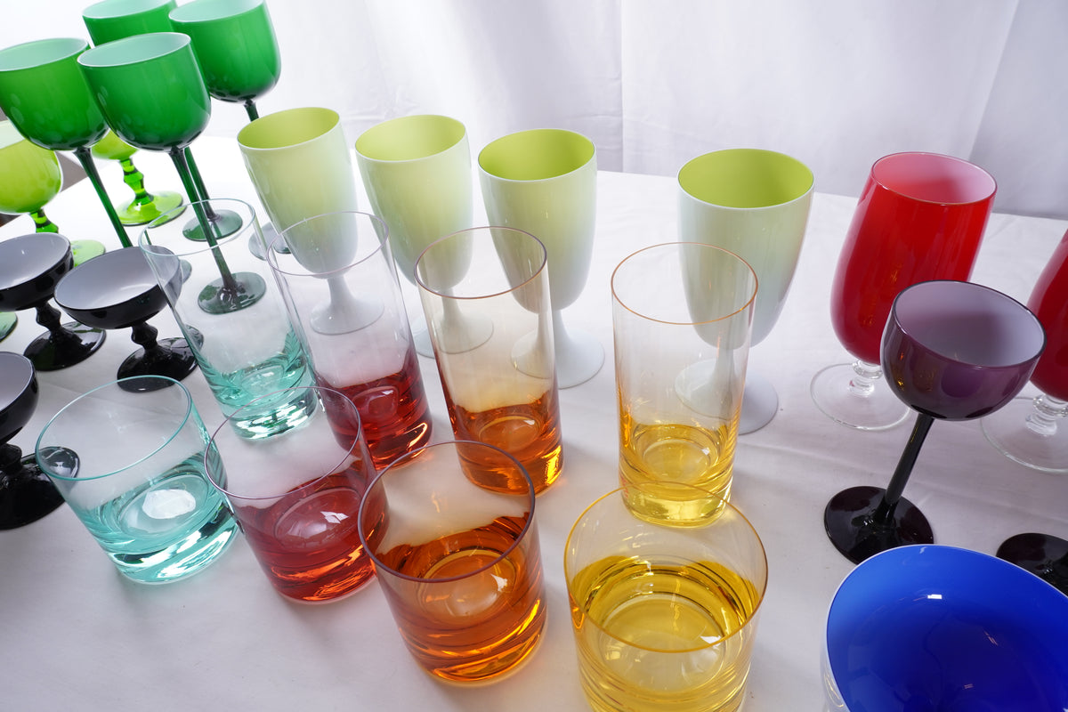 Vintage Italian Carlo Moretti MCM SHERBET CHAMPAGNE GLASSES, Moser Whisky Crystal Barware & Murano Glass Goblets Portieux Vallerysthal Style, Set of 44pcs