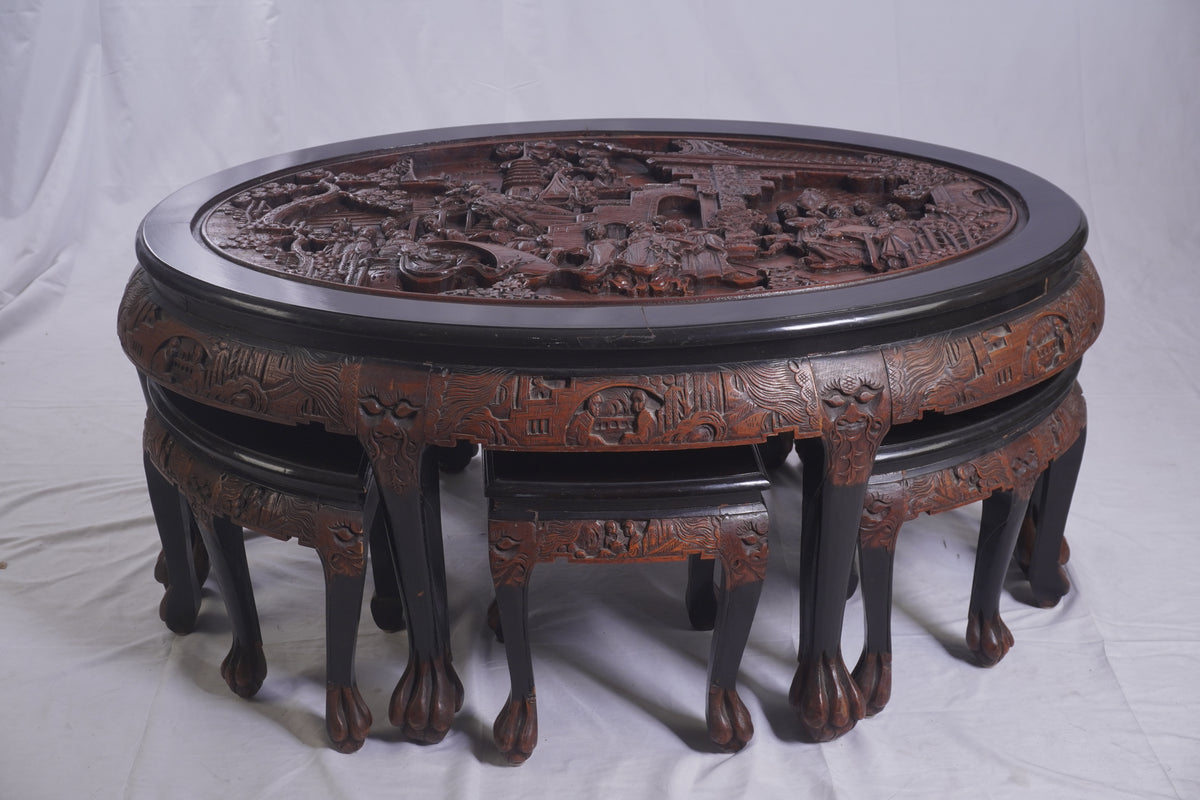 Antique George Zee Asian Carved TEA Coffee TABLE, 7 pcs