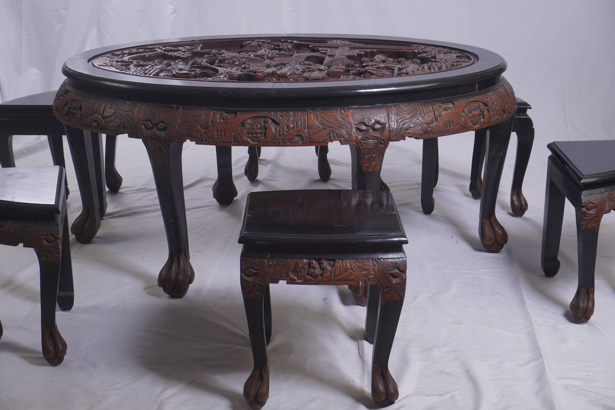 Antique George Zee Asian Carved TEA Coffee TABLE, 7 pcs