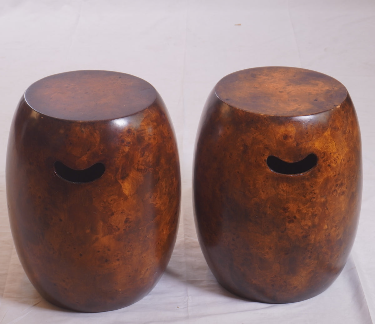 Vintage Barrel Burl Maplewood Veneer Stools C1970s, Pair of