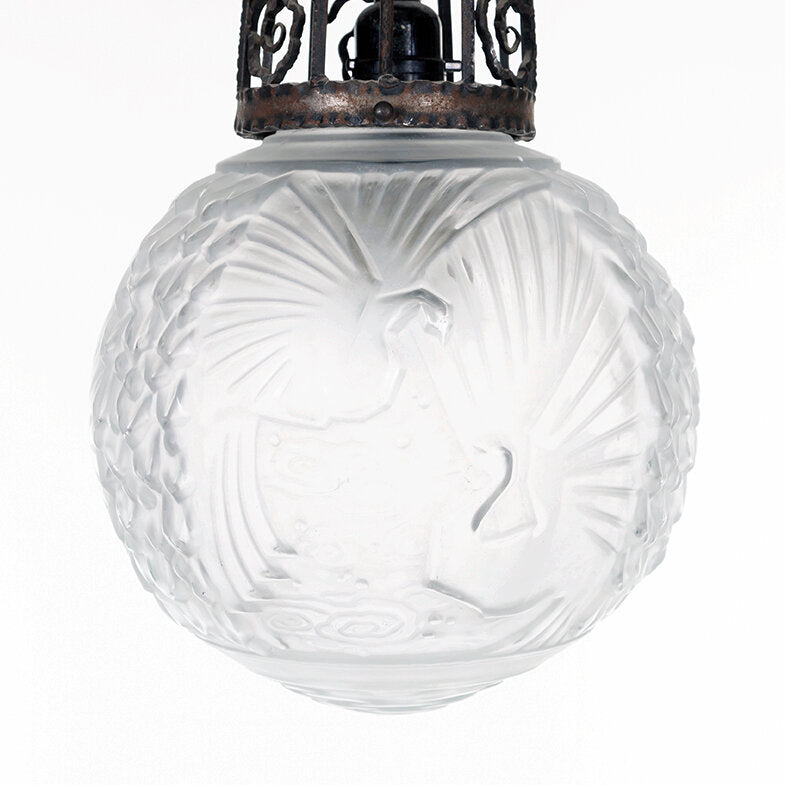 French Art Deco/ Nouveau Pendant Light with Etched Glass and Wrought Iron Fixture