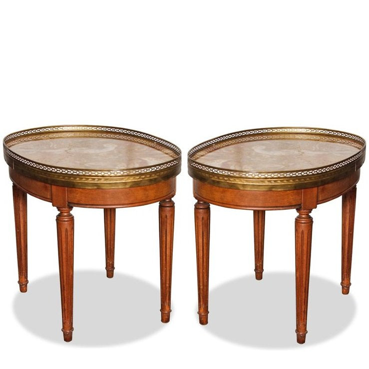 Pair of Antique French Louis XVI Style Bouillotte Table with Marble Top and Brass Gallery